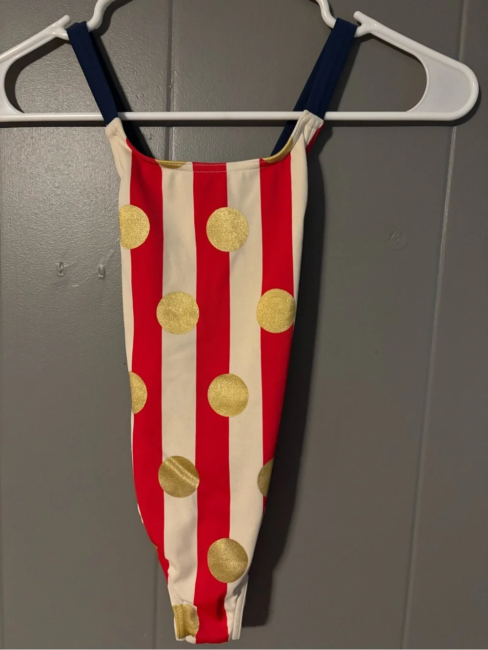 Mini Boden Red and White Stripe One-Piece Swimsuit with Gold Dots
